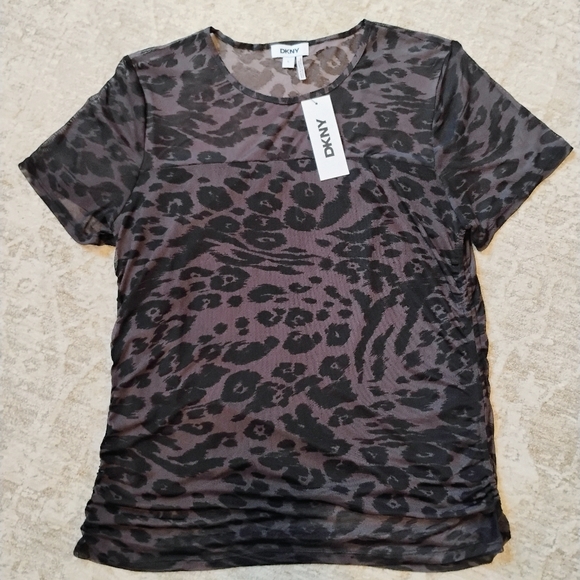 NWT L DKNY Purple And Black Animal Print Micromesh Short Sleeve Ruched Top NEW - Picture 10 of 11
